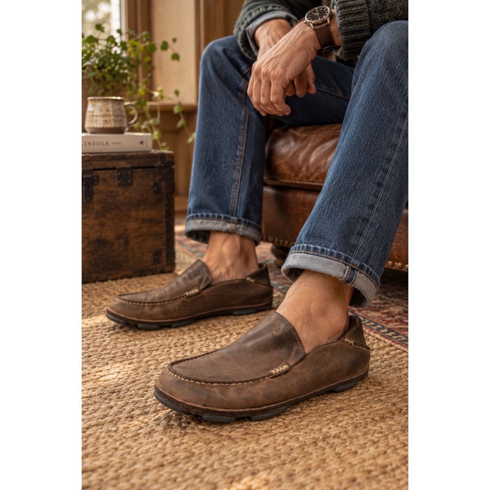 OluKai Moloa Brown Leather Slip On Loafer Collapsable Back Shoes Mens Size 9.5